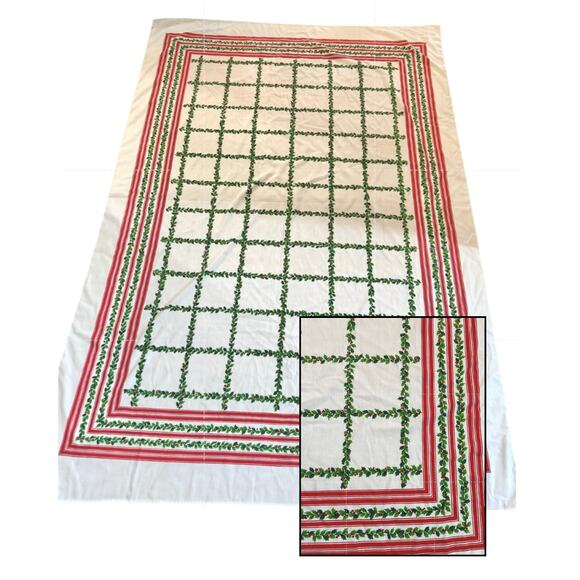 Vintage Holly Green & Red Stripe Border Table Cloth 87x60 Christmas Holiday - Picture 1 of 5